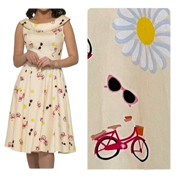 Hearts & Roses Bicycles Sunglasses Daisies Retro Swing Sleeveless Midi Dress 12 - Picture 2 of 11